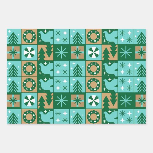 Red Blue Green Pink Brown Christmas Pattern  Wrapping Paper Sheets