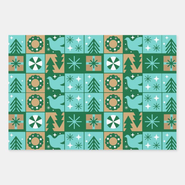 Red Blue Green Pink Brown Christmas Pattern  Wrapping Paper Sheets (Front)