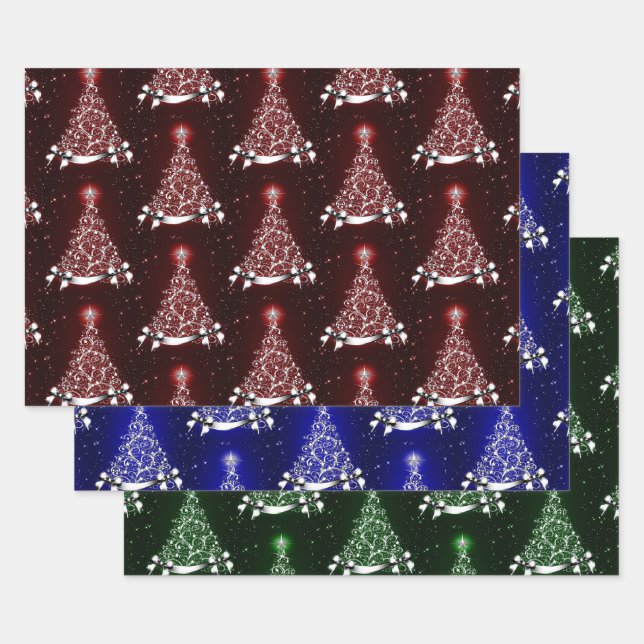 Red Blue & Green Silver Tree Motif Wrapping Paper Sheets (Set)