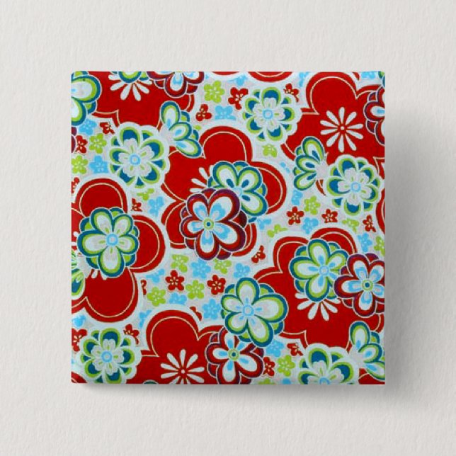 Red, Blue, Green & White Flowers Pinback Button (Front)