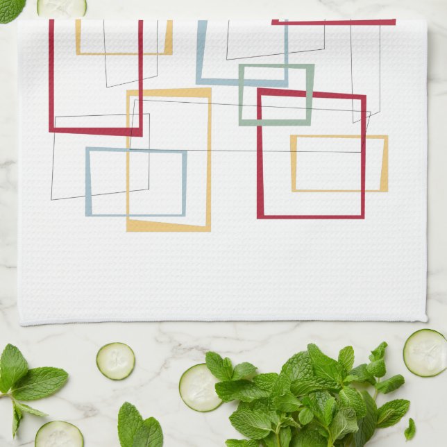 Red Blue Green Yellow Squares Mid-century Retro Kitchen Towel (Folded)