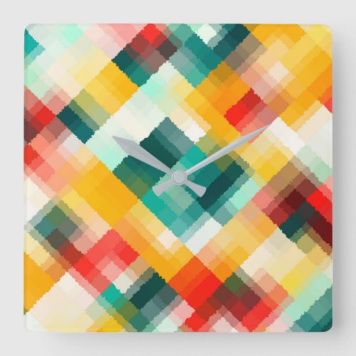 Red Blue Green Yellow White Abstract Pattern Square Wall Clock