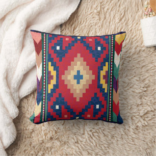 Red Blue Green Yellow White Oriental Kilim Rug Throw Pillow