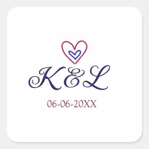 red blue heart couple name letter date modern past square sticker