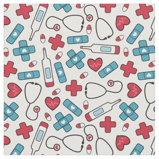 Red Blue Hearts Nurse Doctor Pattern Fabric
