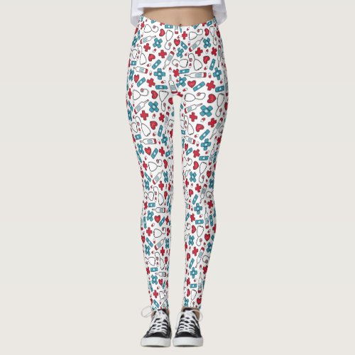 Red Blue Hearts Nurse Doctor Pattern Leggings