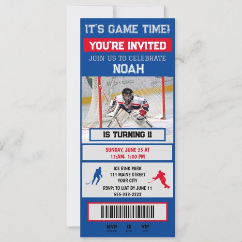 Red blue Hockey goalie Ticket Party Invitation