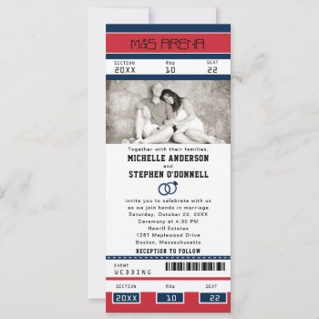 Red Blue Hockey Ticket With Wedding Rings Invitation by labellarue at Zazzle