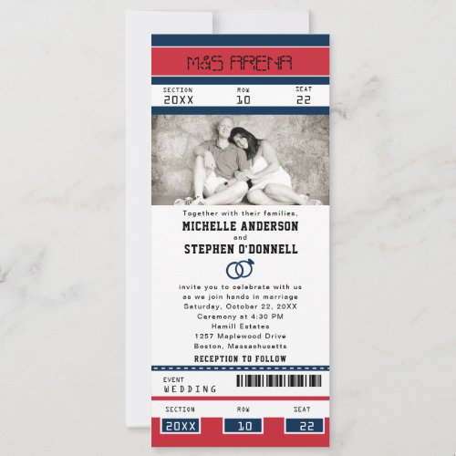 Red Blue Hockey Ticket with Wedding Rings Invitation