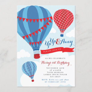 Red & Blue Hot Air Balloon Birthday Invitation