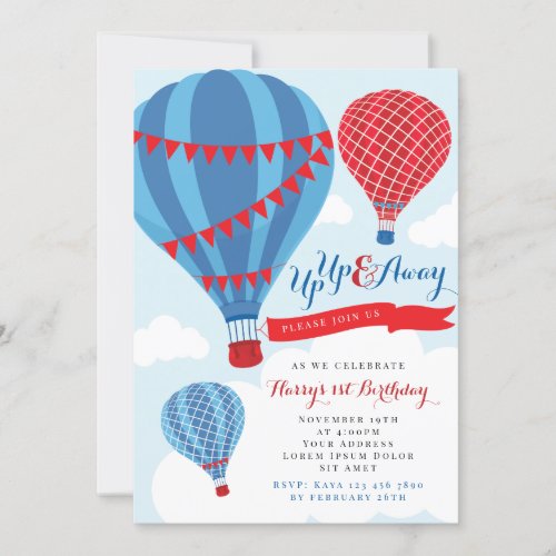 Red  Blue Hot Air Balloon Birthday Invitation