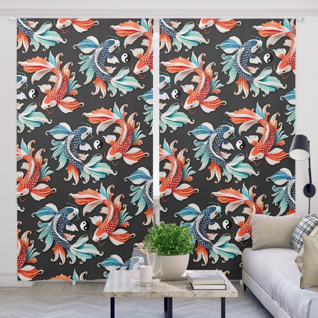 Red & Blue Koi Prosperity Yin Yang Blackout Curtains (Living Room)