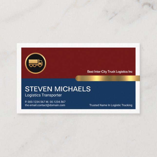 Red Blue Layers White Border Gold Line Truck Business Card (Front)