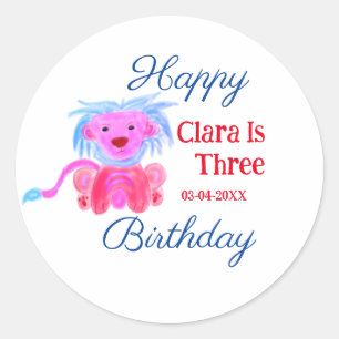 RED BLUE LION WILD ANIMAL BIRTHDAY THREE ADD NAME CLASSIC ROUND STICKER