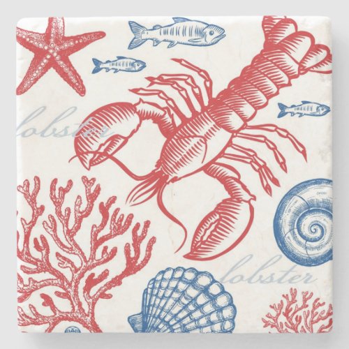 Red Blue Lobster Coral  Shells Stone Coaster