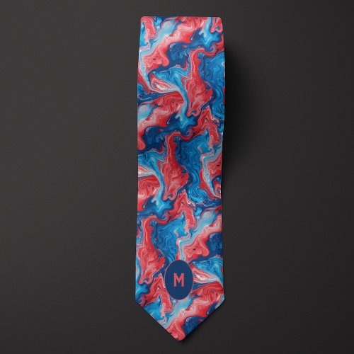 Red  Blue Marbled Monogram Neck Tie