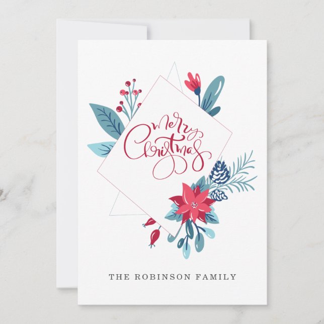 Red Blue Merry Christmas Floral Frame Holiday Card (Front)