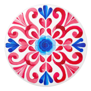 Red & Blue Mexican Traditional Floral Talavera Ceramic Knob