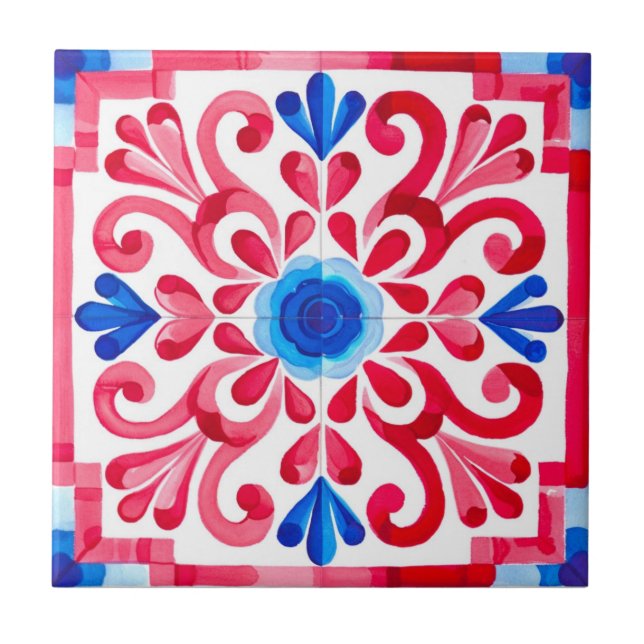 Red & Blue Mexican Traditional Floral Talavera  Ceramic Tile (Front)