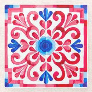 Red & Blue Mexican Traditional Floral Talavera  Glass Coaster