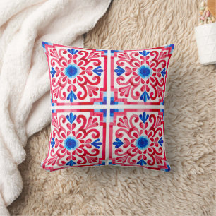 Red & Blue Mexican Traditional Floral Talavera Throw Pillow