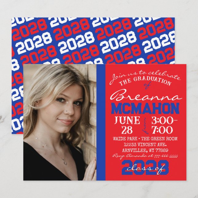 Red & Blue Modern Graduation Photo Invitation (Front/Back)