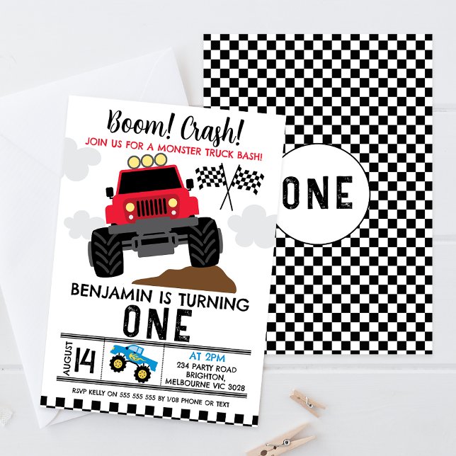 Red Blue Monster Truck 1st Birthday  Invitation (Monster truck themed first birthday invitation featuring a red monster truck and racing flags.)