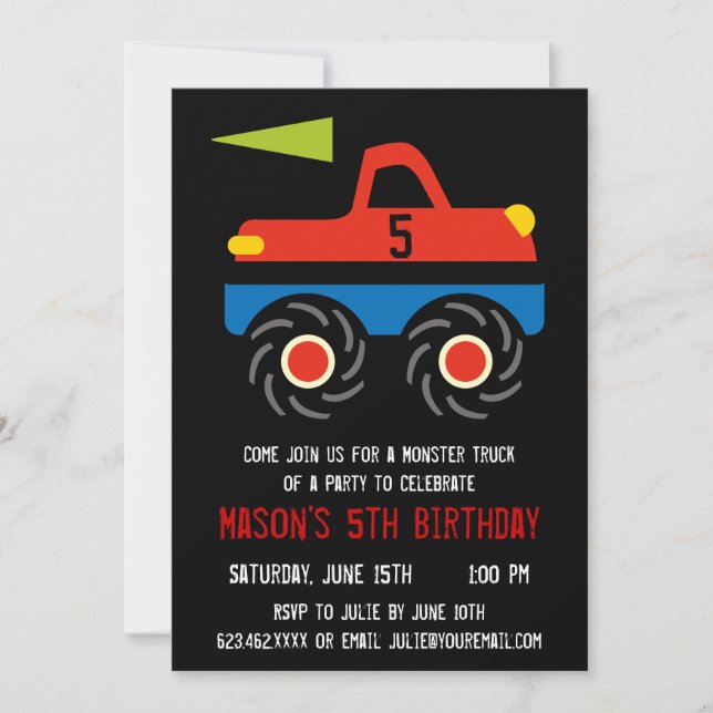 Red Blue Monster Truck Birthday Party Invitations (Front)