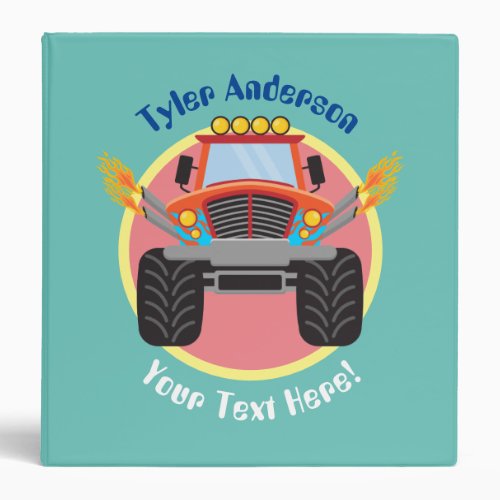 Red  Blue Monster Truck DIY Name  Extra Text 3 Ring Binder