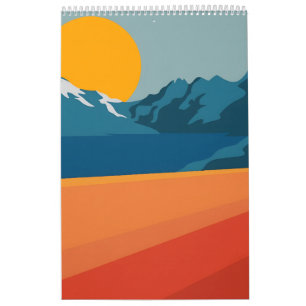 Red & Blue Mountain Landscape – Retro Outdoor Adve Calendar