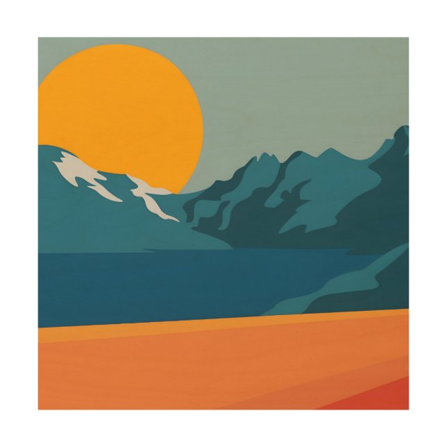 Red & Blue Mountain Landscape – Retro Outdoor Adve Wood Wall Art (Front)