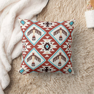 Red Blue Native American Eagle Pattern Throw Pillow