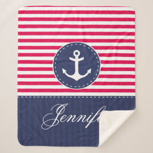 Red Blue Nautical Anchor Design Custom Name Sherpa Blanket