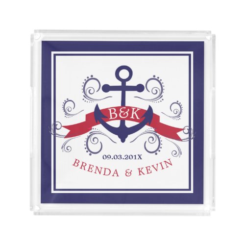 Red  Blue Nautical Anchor with Elegant Swirls Acrylic Tray