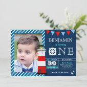Red Blue Nautical Baby Boy 1st Birthday Party Invitation (Standing Front)