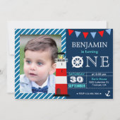 Red Blue Nautical Baby Boy 1st Birthday Party Invitation (Front)