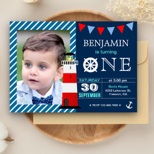 Red Blue Nautical Baby Boy 1st Birthday Party Invitation