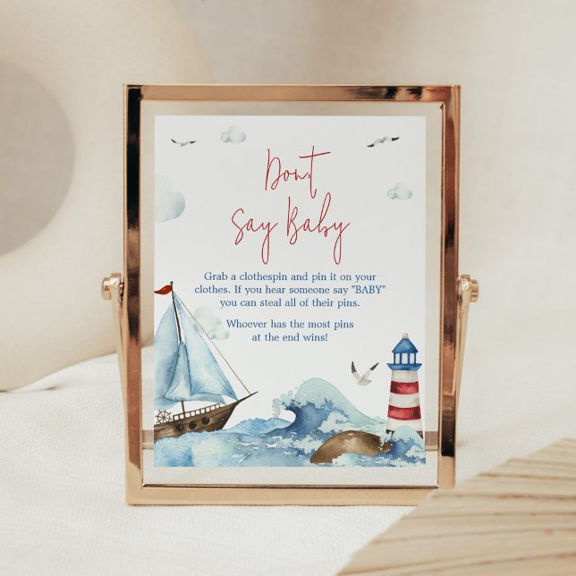 Red Blue Nautical Baby Shower Don't Say Baby Poster (Ahoy It’s A Boy Baby Shower Don't Say Baby Sign)