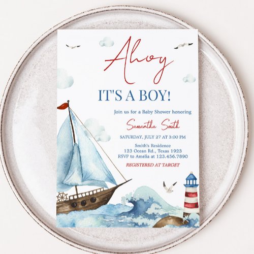 Red Blue Nautical Baby Shower  Invitation