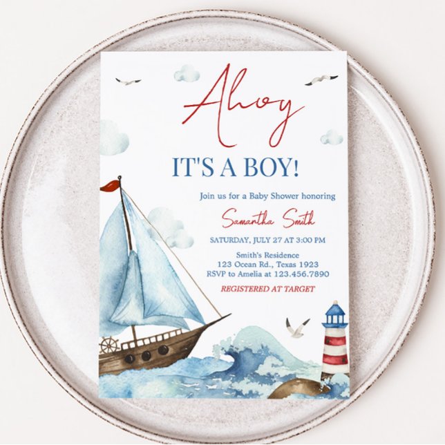 Red Blue Nautical Baby Shower  Invitation (Ahoy It’s A Boy Baby Shower Invitation)