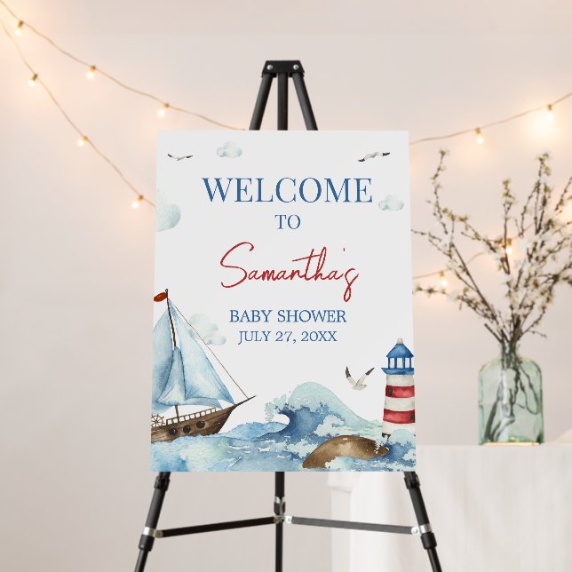 Red Blue Nautical Baby Shower Welcome Sign (In Situ (Stand))