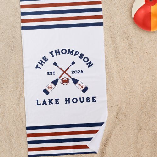 Red &amp; Blue Nautical Oars Crab Striped Lake House Beach Towel