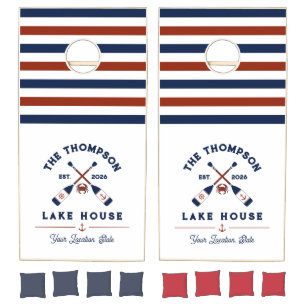 Red & Blue Nautical Oars Crab Striped Lake House Cornhole Set