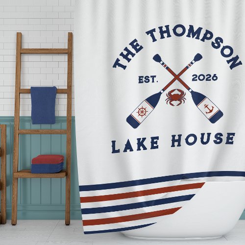 Red & Blue Nautical Oars Crab Striped Lake House Shower Curtain