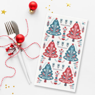 Red Blue Nordic Folk Art Christmas Tree Pattern Paper Guest Towels