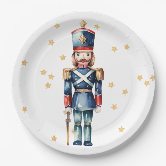 Red & Blue Nutcracker Merry Christmas  Paper Plates (Front)