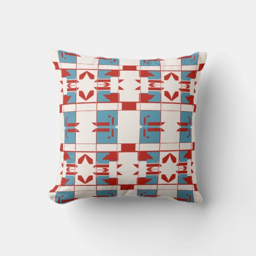 Red Blue Off_White Mediterranean Small Tile Motif Throw Pillow