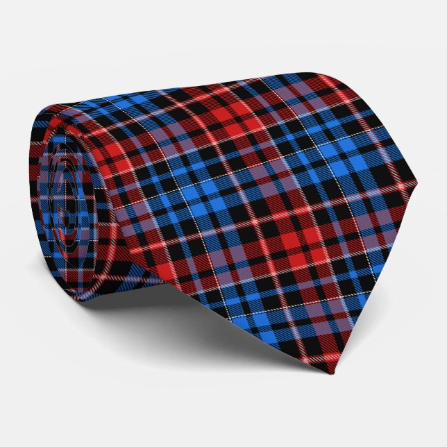 Red Blue On Black Plaid Tartan Design  Neck Tie (Rolled)