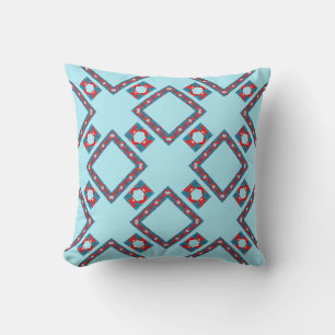 Red Blue on Light Aqua Diamond Mediterranean Tiles Throw Pillow