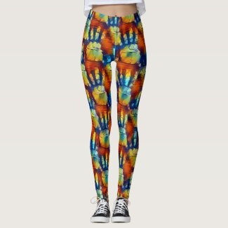 Red, blue, orange and yellow palm prints pattern leggings